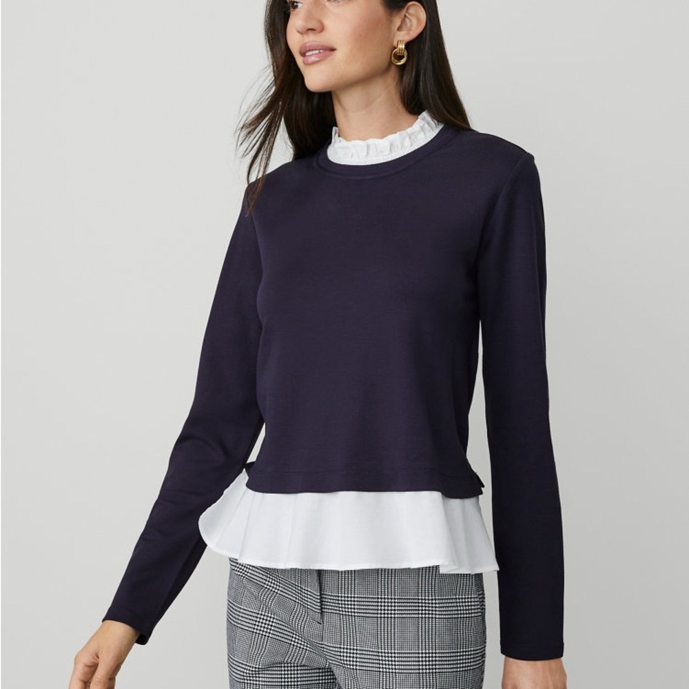 Ann Taylor Blue and White Ruffled Blouse